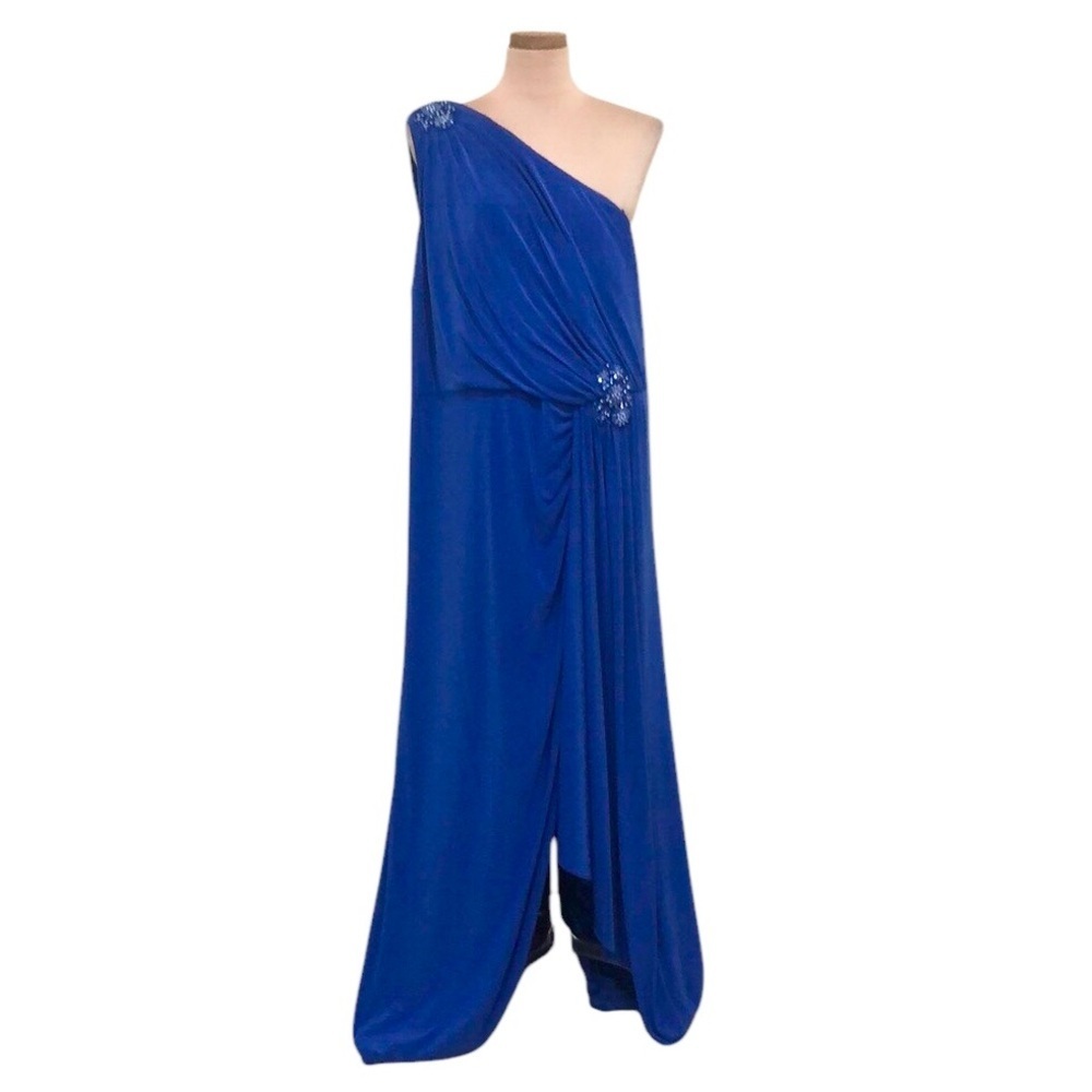 NWT Adrianna Papell Formal Maxi Dress 22W Blue One Shoulder Floral Beaded Gown